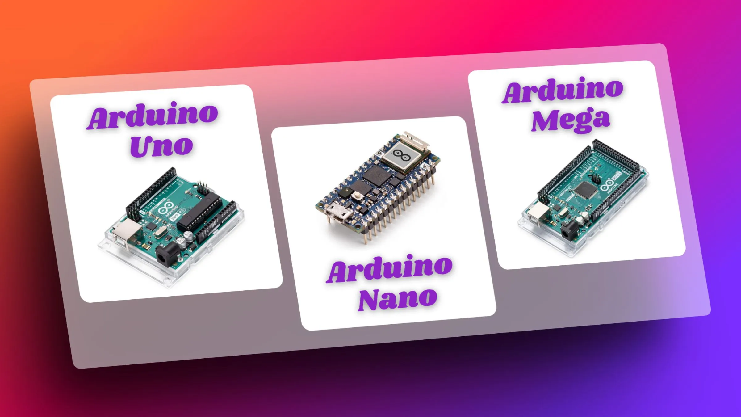 Imagen de las tres placas de Arduino: Arduino Uno, Arduino Nano y Arduino Mega, representando la versatilidad y potencia de estas opciones para proyectos de creación electrónica.