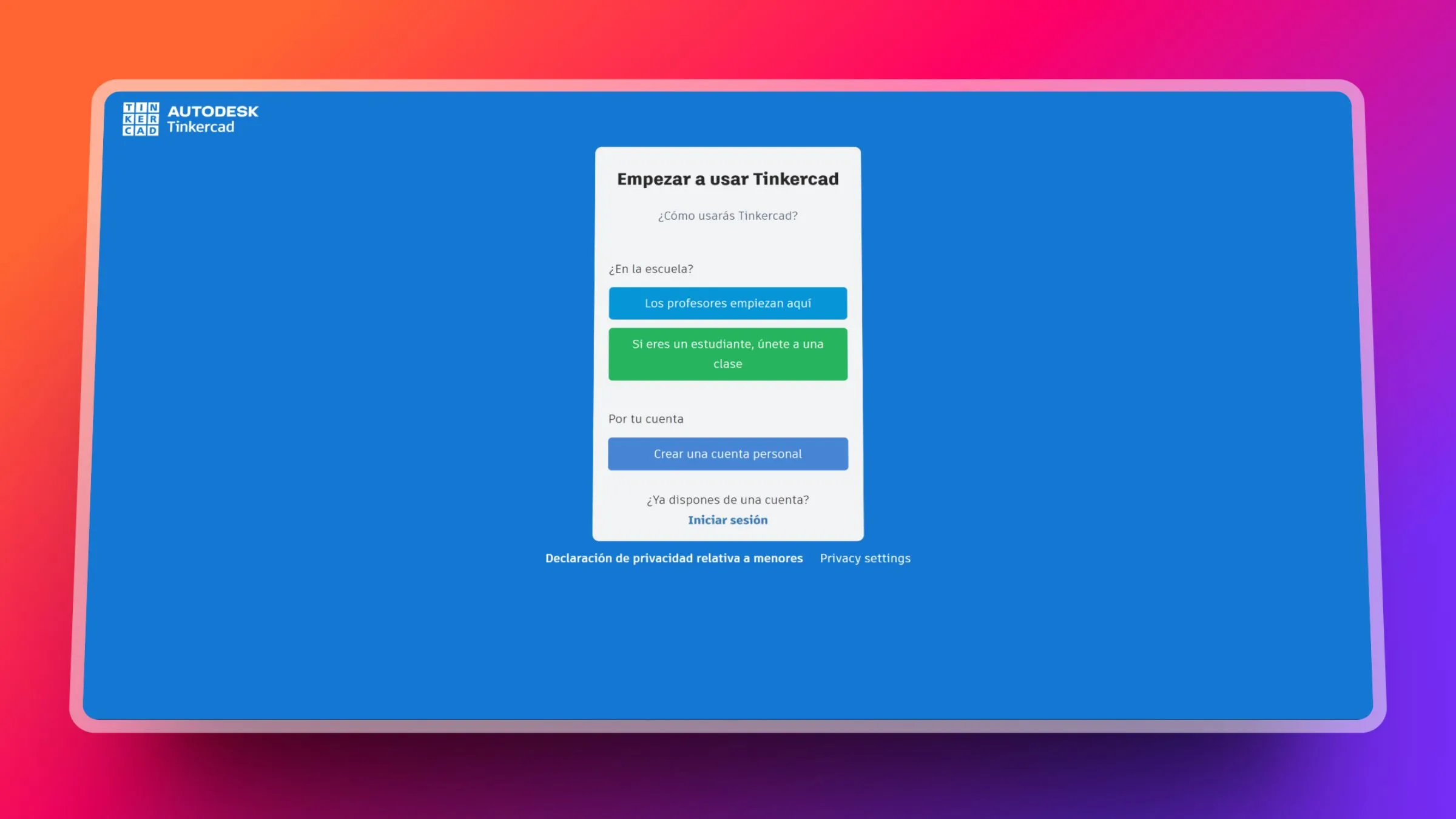 Captura de pantalla de la página de unirse a Tinkercad, donde los usuarios pueden crear una cuenta para acceder a la plataforma de diseño 3D y electrónica.