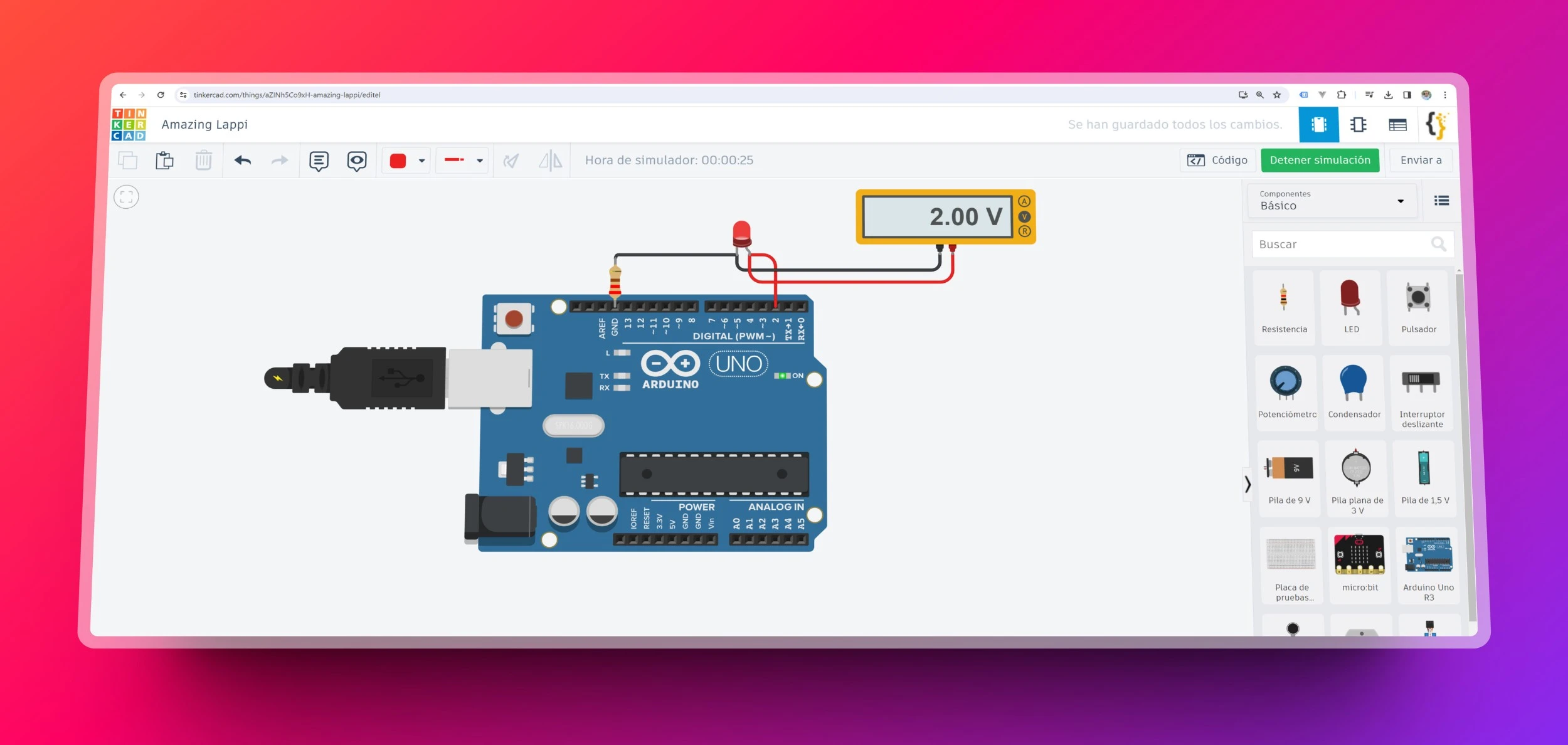 Diagrama de conexión de la resistencia y el LED en Tinkercad, mostrando la resistencia entre el GND y el LED para regular la corriente.