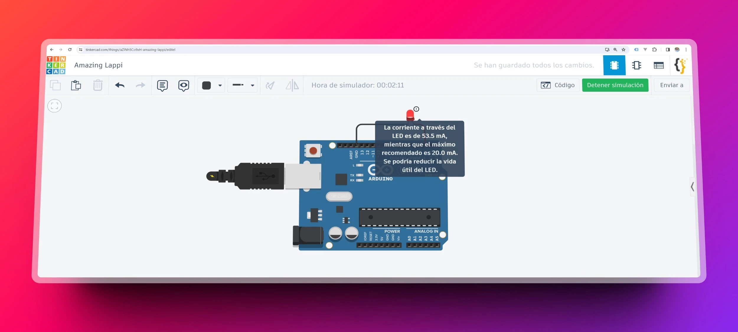 Advertencia de Tinkercad sobre el riesgo de daño al LED durante la simulación