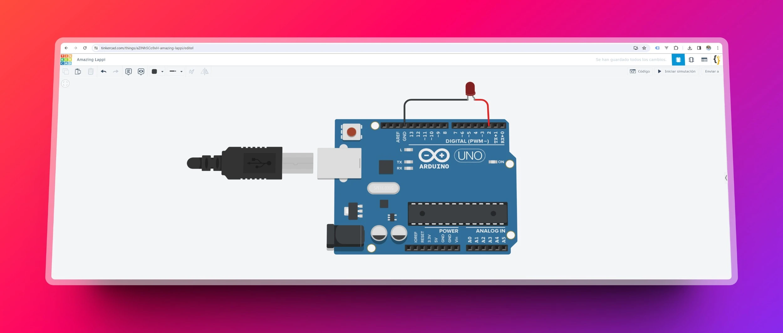 Diagrama de conexión del LED en Tinkercad
