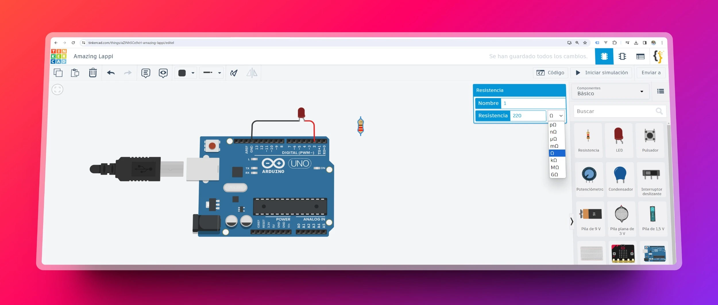 Imagen mostrando la configuración de una resistencia de 220 ohmios en el simulador Tinkercad, con menú de selección de valor y unidad de medida.