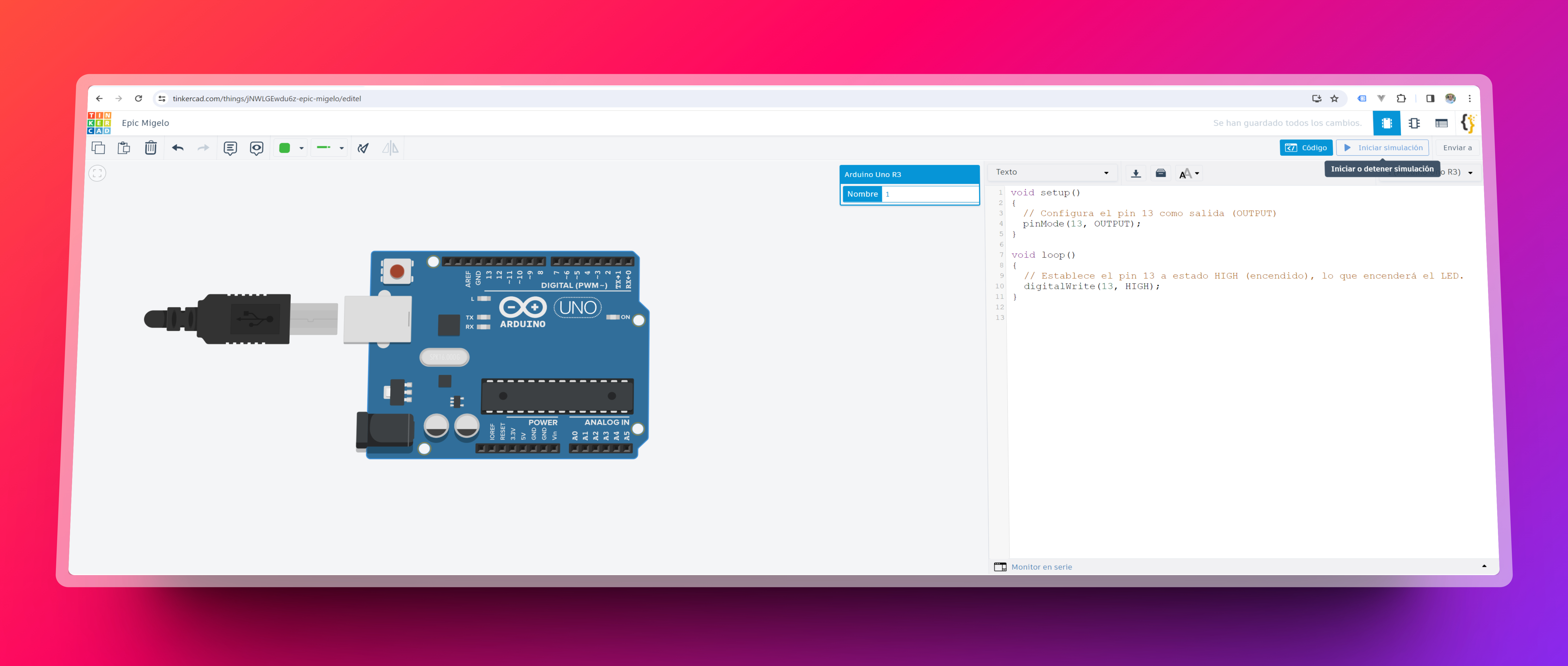 Imagen de Interfaz de Tinkercad, señalando el botón para comenzar la simulación.