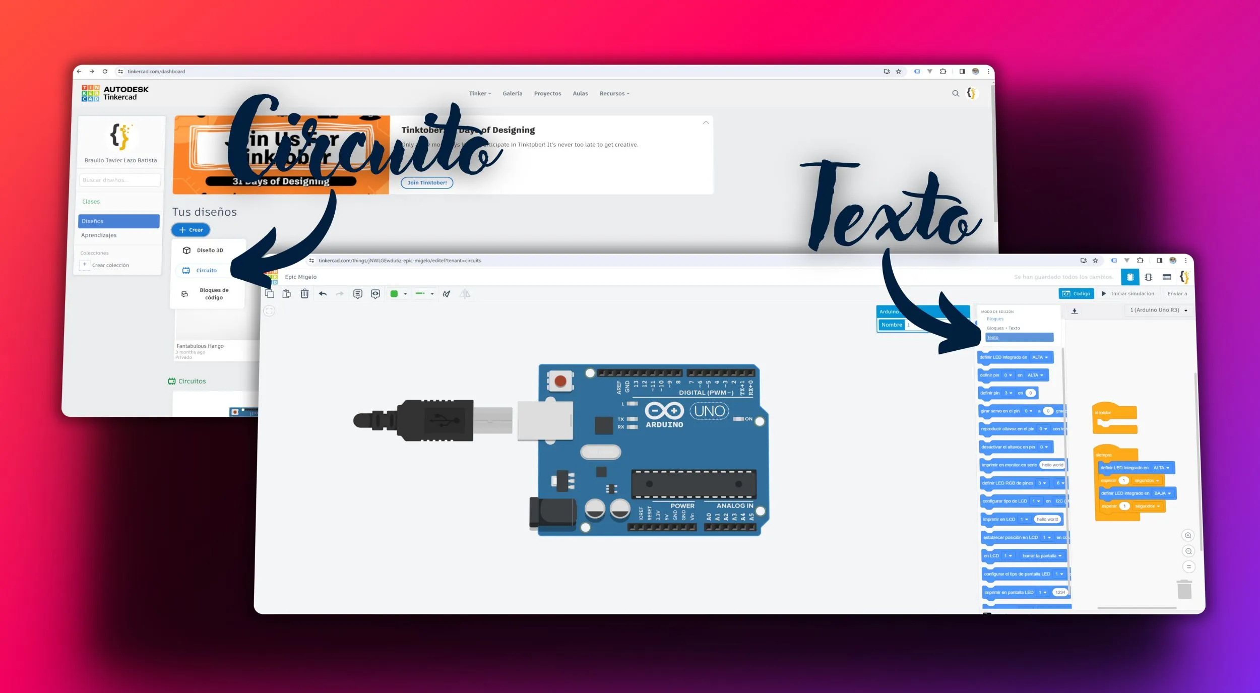 Interfaz de Tinkercad. Abriendo un nuevo Proyecto y llevando el código de bloques a texto.