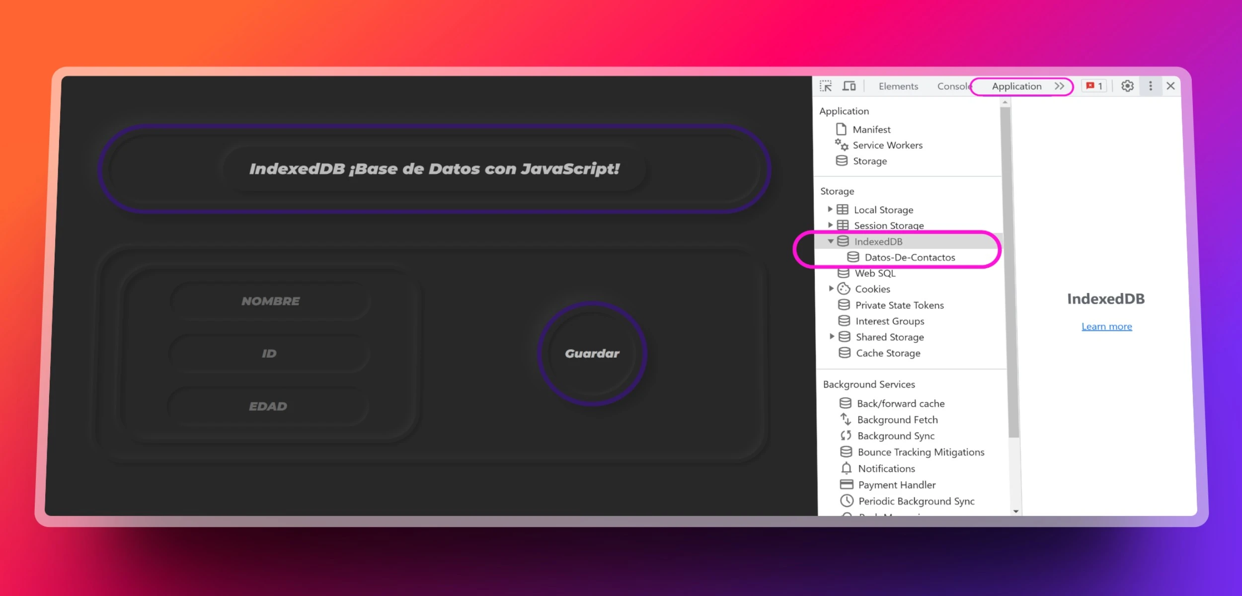 Pasos para localizar la base de datos de IndexedDB en la pestaña 'Application' del inspector del navegador